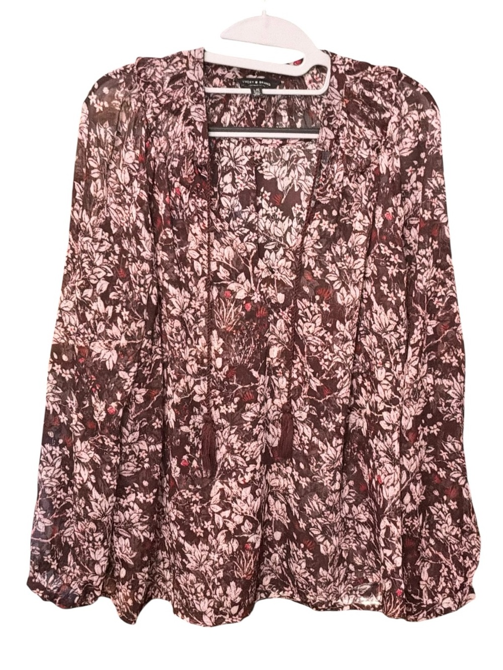 Lucky Brand burgundy floral tie neck Peasant Blouse